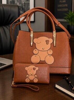NWT Darling Vegan Leather Winking Teddy Bear Satchel Crossbody Bag & Wallet Set
